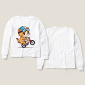 オレンジ色の可愛い猫の自転車乗り物 キッズTシャツ (デザイン 正面&背面)