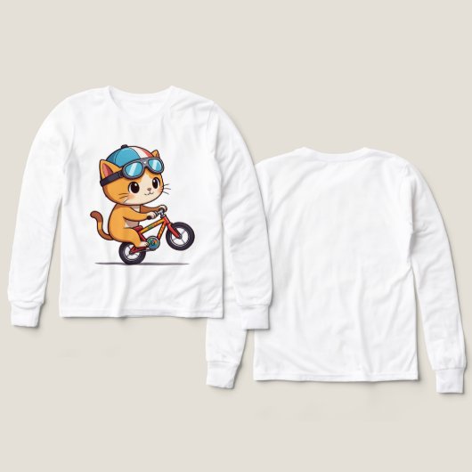 オレンジ色の可愛い猫の自転車乗り物 キッズTシャツ (デザイン 正面&背面)