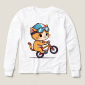 オレンジ色の可愛い猫の自転車乗り物 キッズTシャツ (デザイン正面)