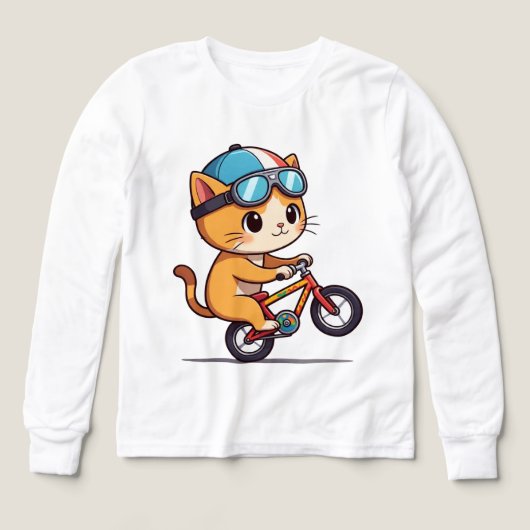 オレンジ色の可愛い猫の自転車乗り物 キッズTシャツ (デザイン正面)
