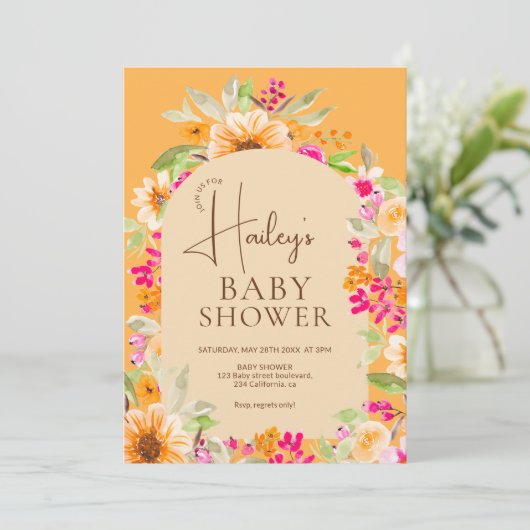 オレンジ色の国のフローラ水の色ベビーシャワー 招待状 (スタンド正面)