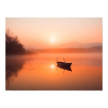 オレンジ色の夕日と魚釣り船