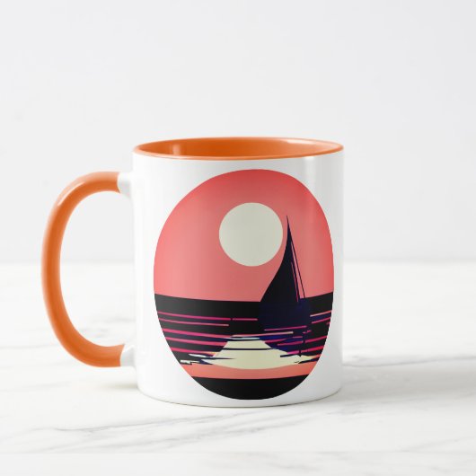 オレンジ色の夕日に浮かぶ帆船のシルエット マグカップ (左)