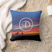 オレンジ色の夕日の海岸写真モノグラカスタムム クッション (ブランケット)