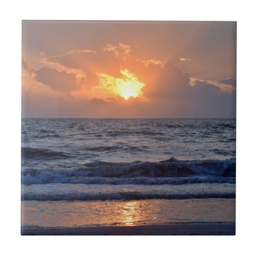 オレンジ色の夕日の海 タイル (正面)