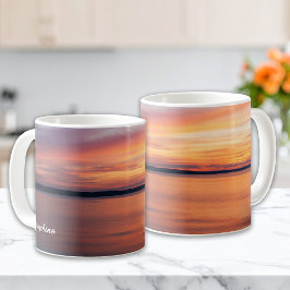 オレンジ色の夕日 湖水面 カスタムネーム コーヒーマグカップ