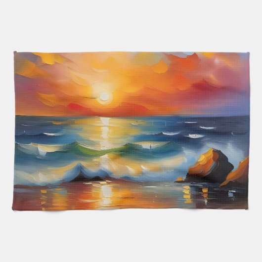 オレンジ色の夕焼けの海 キッチンタオル (横)
