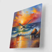 オレンジ色の夕焼けの海 スクエア壁時計 (傾斜)