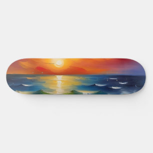 オレンジ色の夕焼けの海 スケートボード