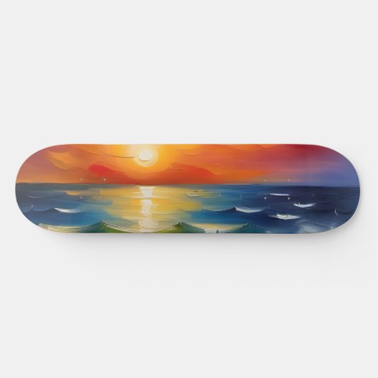オレンジ色の夕焼けの海 スケートボード (横)