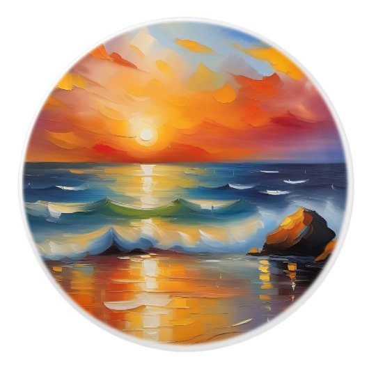 オレンジ色の夕焼けの海 セラミックノブ (正面)