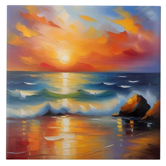 オレンジ色の夕焼けの海 タイル (正面)