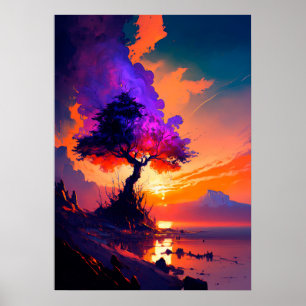 オレンジ色の夕焼けの空と紫の木 ポスター