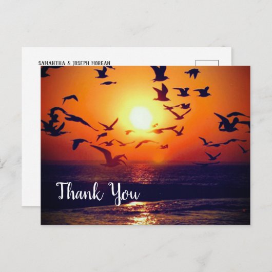 オレンジ色の夕陽にシルエットされたガン サンキュー ポストカード (正面/裏面)
