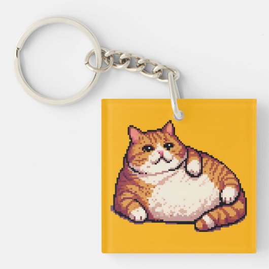 オレンジ色の太い猫のミームピクセルアート キーホルダー (正面)