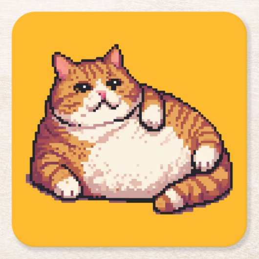 オレンジ色の太い猫のミームピクセルアート スクエアペーパーコースター (正面)