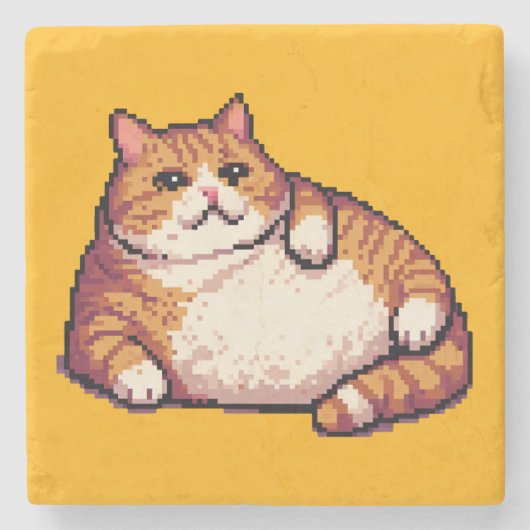 オレンジ色の太い猫のミームピクセルアート ストーンコースター (正面)