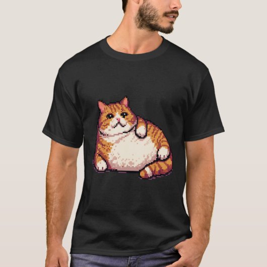 オレンジ色の太い猫のミームピクセルアート Tシャツ (正面)