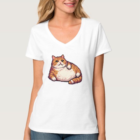 オレンジ色の太い猫のミームピクセルアート Tシャツ (正面)