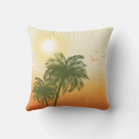 オレンジ色の太陽と緑のヤシの木の熱帯夏 クッション (裏面)