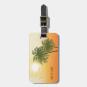 オレンジ色の太陽と緑の熱帯のヤシの木と文字 ラゲッジタグ (正面縦)