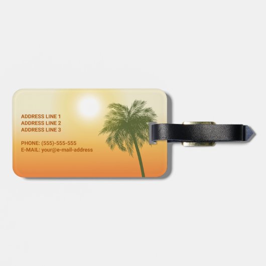 オレンジ色の太陽と緑の熱帯のヤシの木と文字 ラゲッジタグ (裏面横)