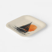 オレンジ色の太陽を持つシルエット帆船スケッチ ペーパープレート (傾斜あり)