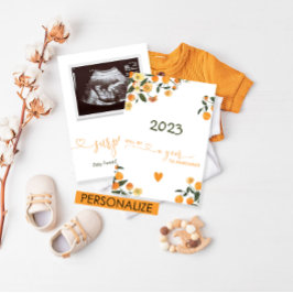 オレンジ色の妊娠発表 赤ちゃんの誕生のお知らせ 招待状