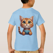 オレンジ色の子猫がゲームコントローラーを握る ゲーマーキャット Tシャツ (裏面)