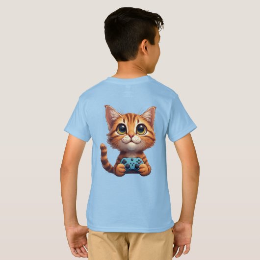 オレンジ色の子猫がゲームコントローラーを握る ゲーマーキャット Tシャツ (裏面フル)