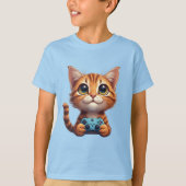 オレンジ色の子猫がゲームコントローラーを握る ゲーマーキャット Tシャツ (正面)
