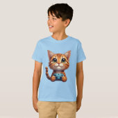 オレンジ色の子猫がゲームコントローラーを握る ゲーマーキャット Tシャツ (正面フル)