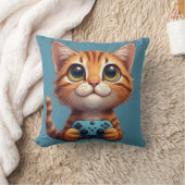 オレンジ色の子猫がゲームコントローラーを握る ゲーマー猫 クッション (ブランケット)