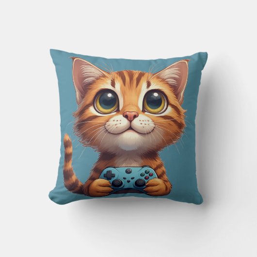 オレンジ色の子猫がゲームコントローラーを握る ゲーマー猫 クッション (正面)