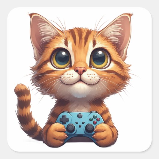 オレンジ色の子猫がゲームコントローラーを握る ゲーマー猫 スクエアシール (正面)