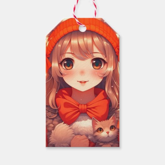 オレンジ色の子猫クリスマスを持つアニメガール ギフトタグ (正面)