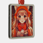 オレンジ色の子猫クリスマスを持つアニメガール メタルオーナメント (右)