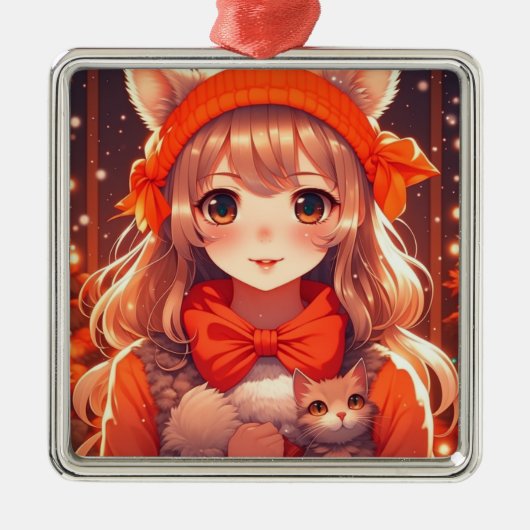 オレンジ色の子猫クリスマスを持つアニメガール メタルオーナメント (正面)