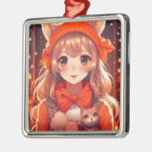 オレンジ色の子猫クリスマスを持つアニメガール メタルオーナメント (左)