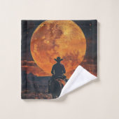 オレンジ色の定月に乗る西カウボーイ バスタオルセット (ウォッシュタオル)