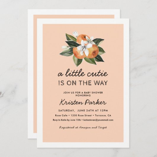 オレンジ色の小さなかわいこちゃんが途中の赤ちゃんシャワー 招待状 (正面/裏面)