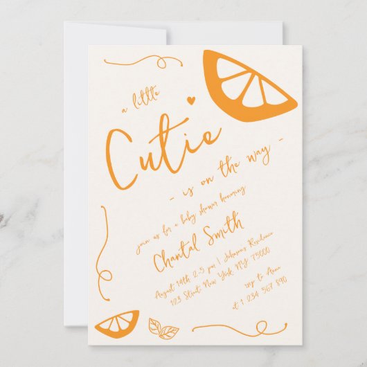 オレンジ色の小さなかわいこちゃん手描き柑橘系ベビーシャワー 招待状 (正面)