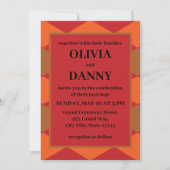 オレンジ色の市松模様に緑のダイヤ結婚ンパターン 招待状 (正面)