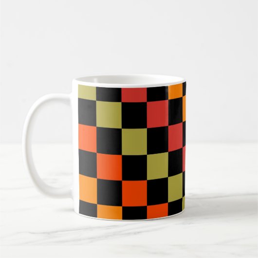 オレンジ色の市松模様に黒いギンガムパターン コーヒーマグカップ (左)