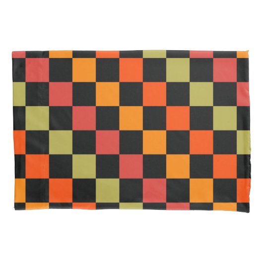 オレンジ色の市松模様に黒いギンガムパターン 枕カバー (正面)