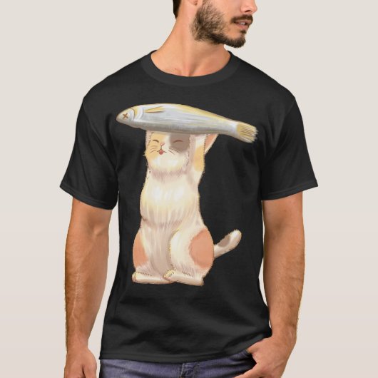 オレンジ色の幸せな猫と魚 Tシャツ (正面)