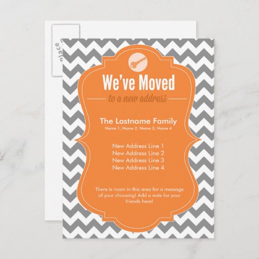オレンジ色の引っ越しましたはがきの変更 案内ポストカード (正面/裏面)