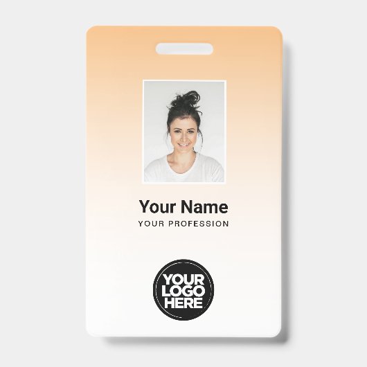 オレンジ色の従業員フォトバーコードロゴ名グラデーション バッジ (表面)