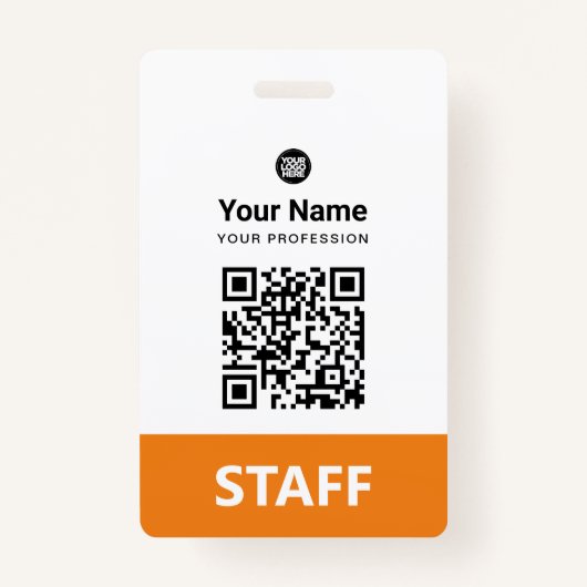 オレンジ色の従業員Qrコード、バーコード、ロゴ、名前 バッジ (正面)