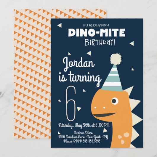 オレンジ色の恐竜の誕生日コンフェティ招待状 招待状 (正面/裏面)